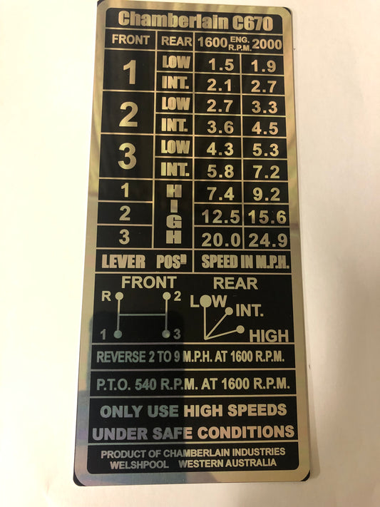 Chamberlain C670 Gear Speeds -  (Nameplate)