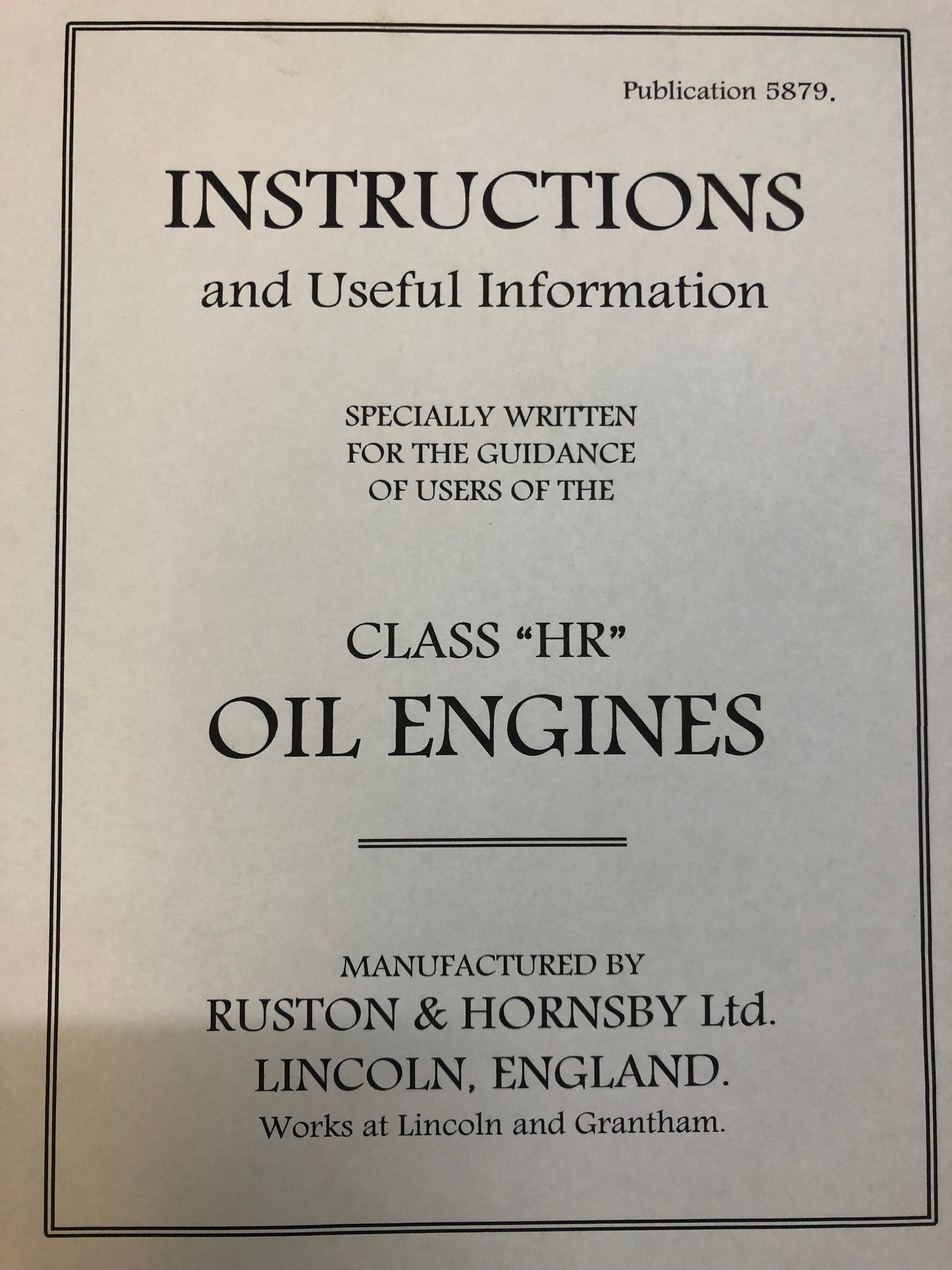 Ruston-Hornsby Class HR  Publication #5879 (Manual)