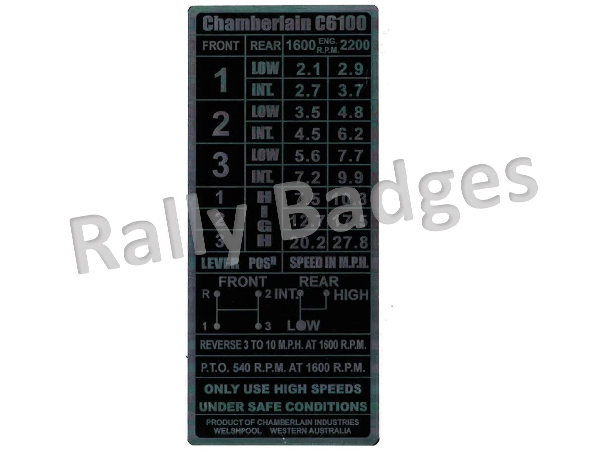 Chamberlain C6100 Gear Speeds  -  (Nameplate)