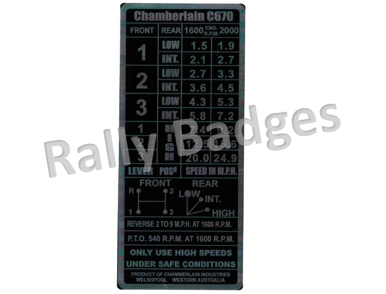 Chamberlain C670 Gear Speeds -  (Nameplate)