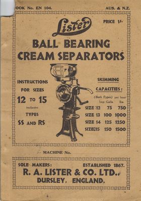 Lister Ball Bearing Cream Separators Sizes 12 to 15 (Manual)