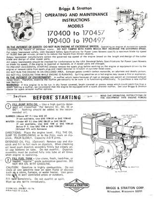 Briggs & Stratton Models 170400-170457 & 190400-190497 (Manual)