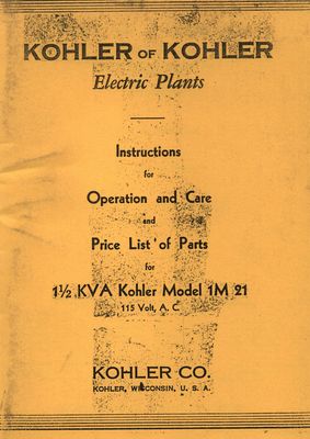 Kohler of Kohler Electric Plants 1.5 KVA Model 1M 21 (Manual)
