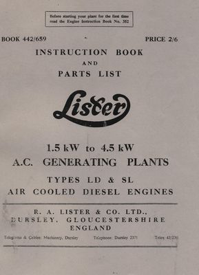 Lister Types LD & SL 1.5 kW to 4.5 kW A C Generating Plants (Manual)