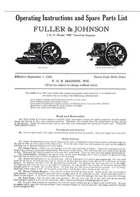 Fuller & Johnson Model NB 2HP Gasoline Engines - Leaflet (Manual)