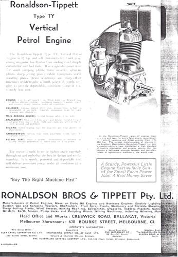 Ronaldson-Tippett Type TY Vertical Petrol Engine - Leaflet (Manual)