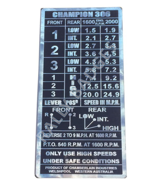 Champion 306 Gear Speeds (Nameplate)