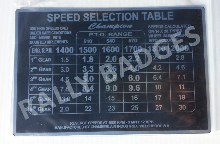 Chamberlain 6G Speed Selection Table (Nameplate)