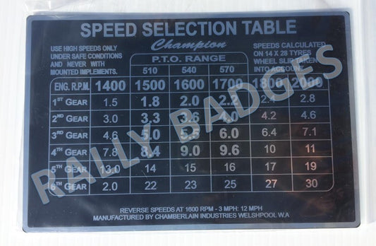 Chamberlain 6G Speed Selection Table (Nameplate)
