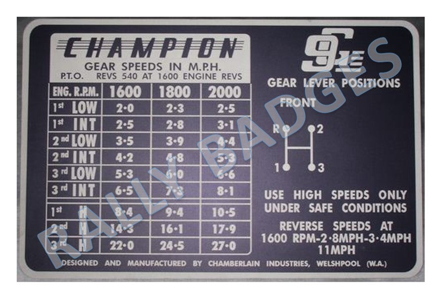 Champion 9G Gear Speeds -(Nameplate)