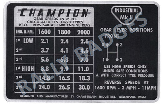 Champion Industrial Mk II Gear Speeds - (Nameplate)