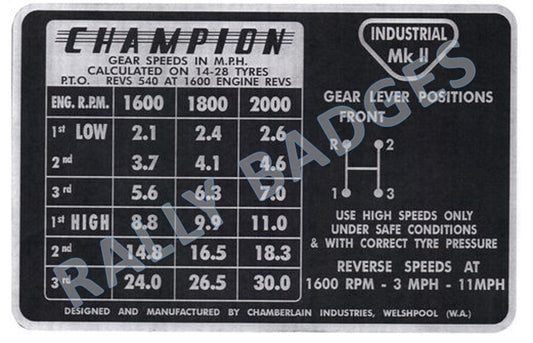 Champion Industrial Mk II Gear Speeds -  (Nameplate)